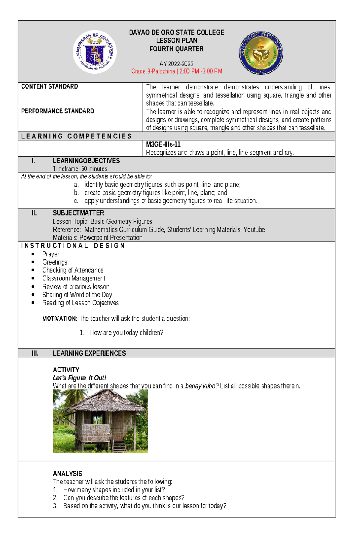 Basic Geometry Figures Lesson Plan for Grade 9 (LP) - Studocu