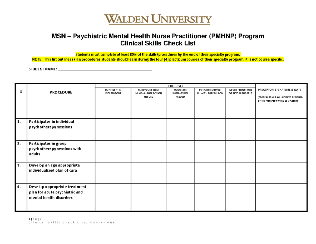 Clinical Skills Checklist for MSN-PMHNP Program Completion - Studocu