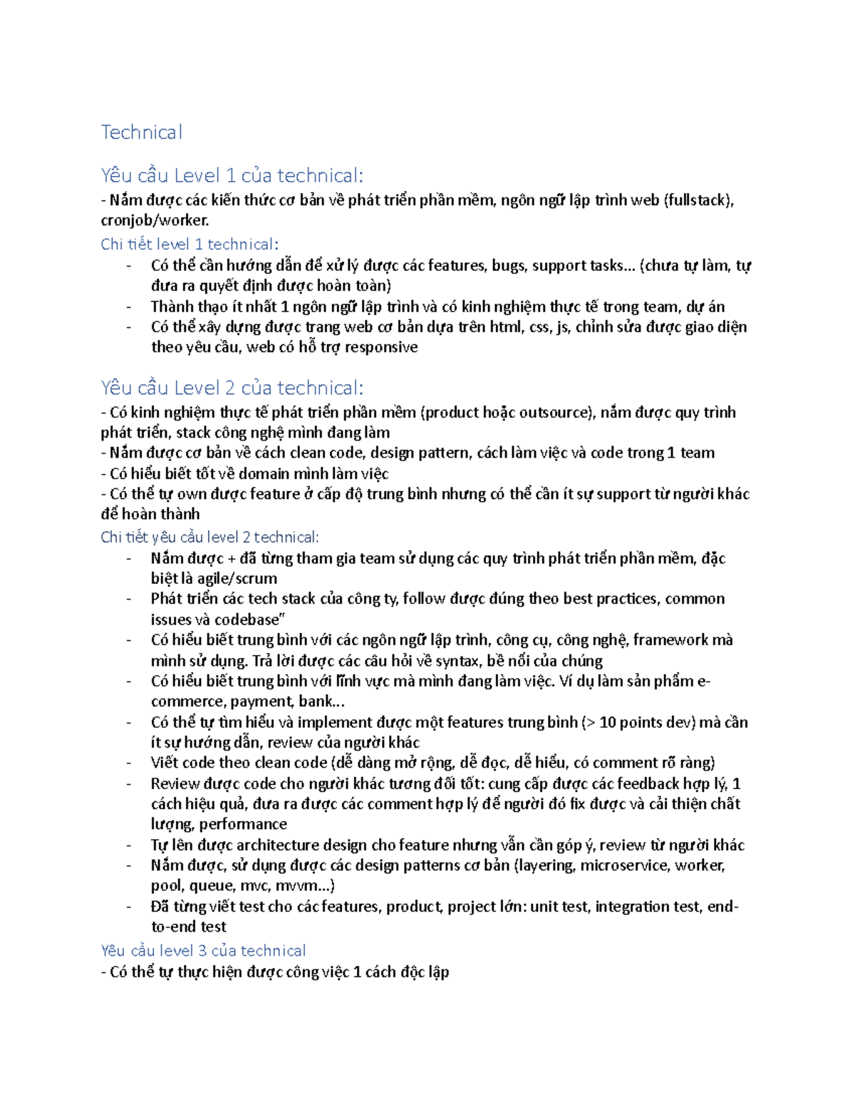 Technical Level Rubric 1: Yêu Cầu và Kỹ Năng Phát Triển Phần Mềm - Studocu
