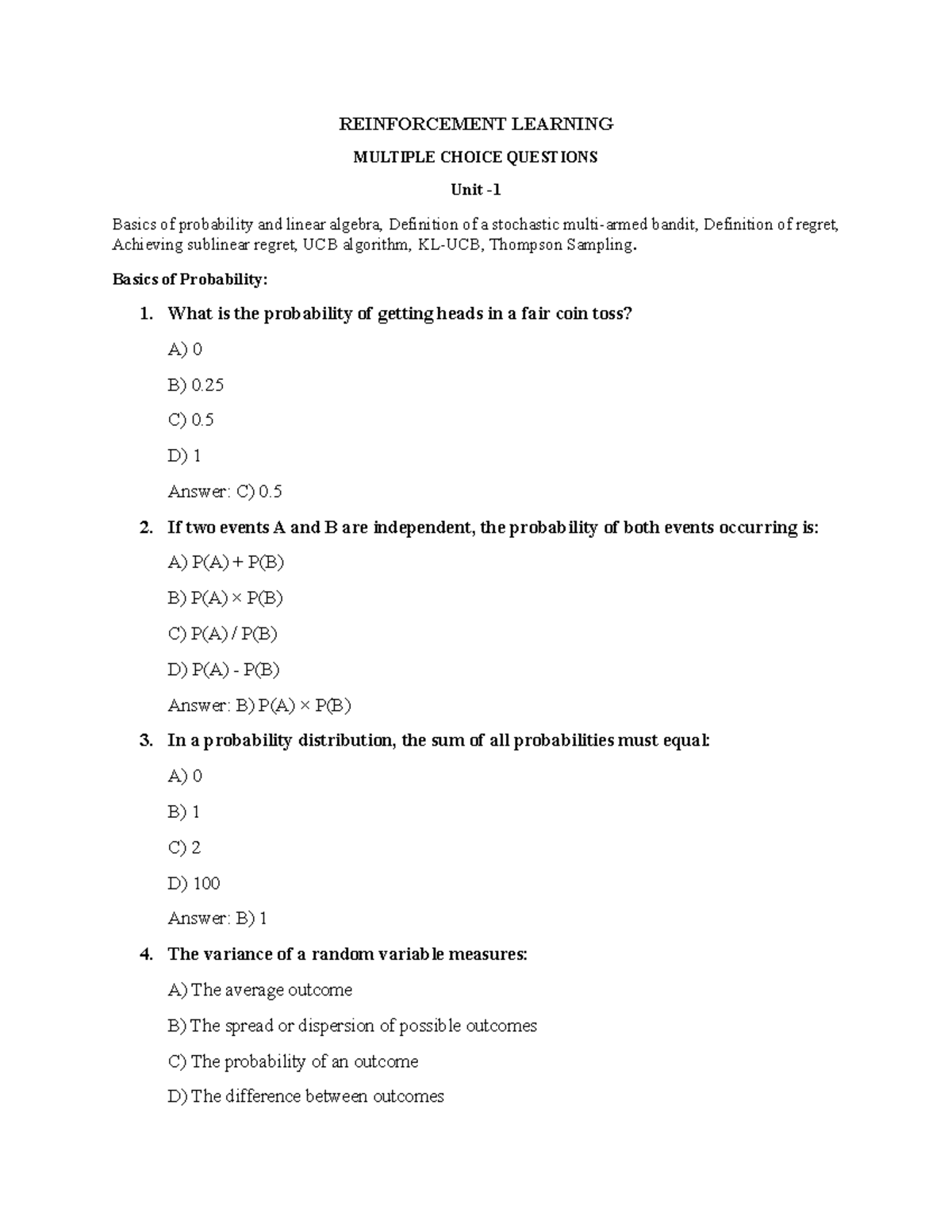 MCQ& FB Unit 1 - ok and good - REINFORCEMENT LEARNING MULTIPLE CHOICE ...