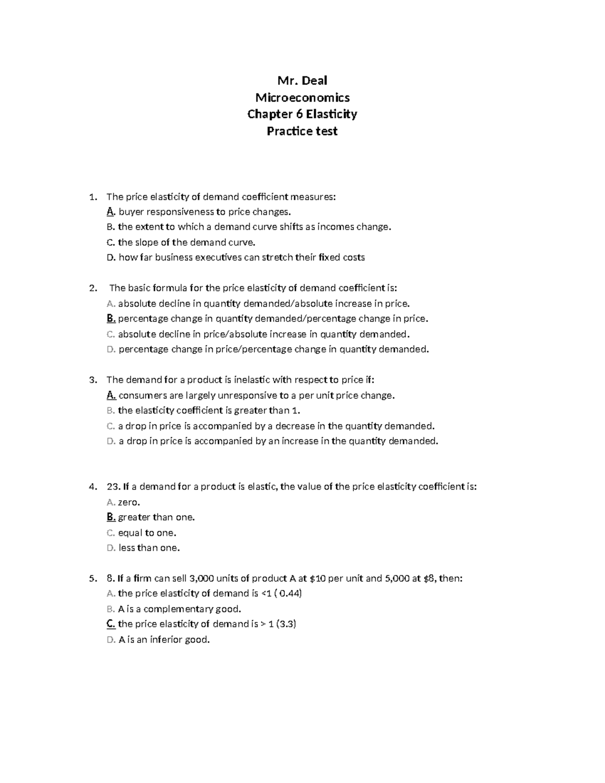 Ch 6 - Practice Test on Price Elasticity of Demand with Answers - Studocu