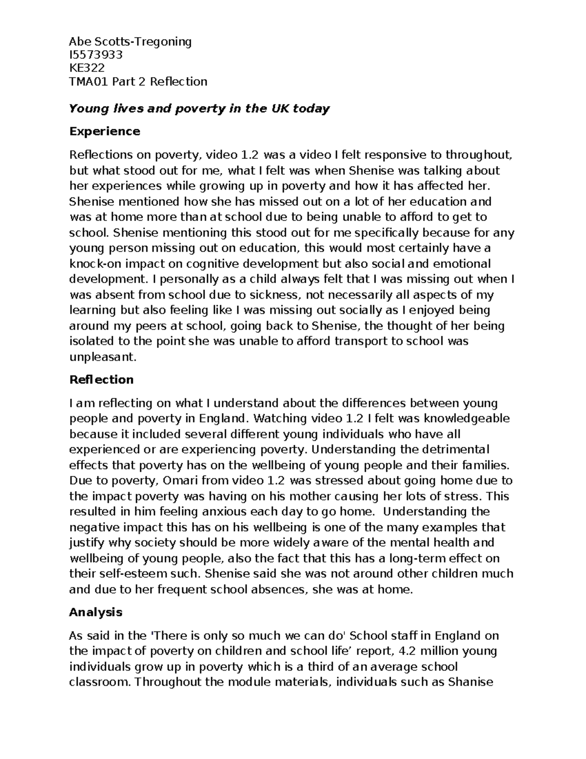 KE322 TMA01 Reflection on Young Lives and Poverty in the UK - Studocu