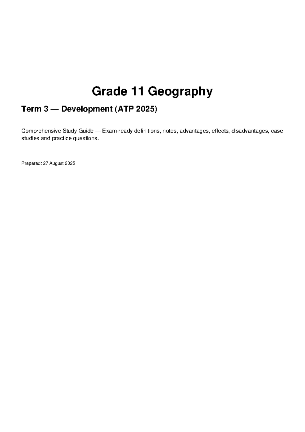 Grade 11 Geography Term 3 Development Study Guide (ATP 2025) - Studocu