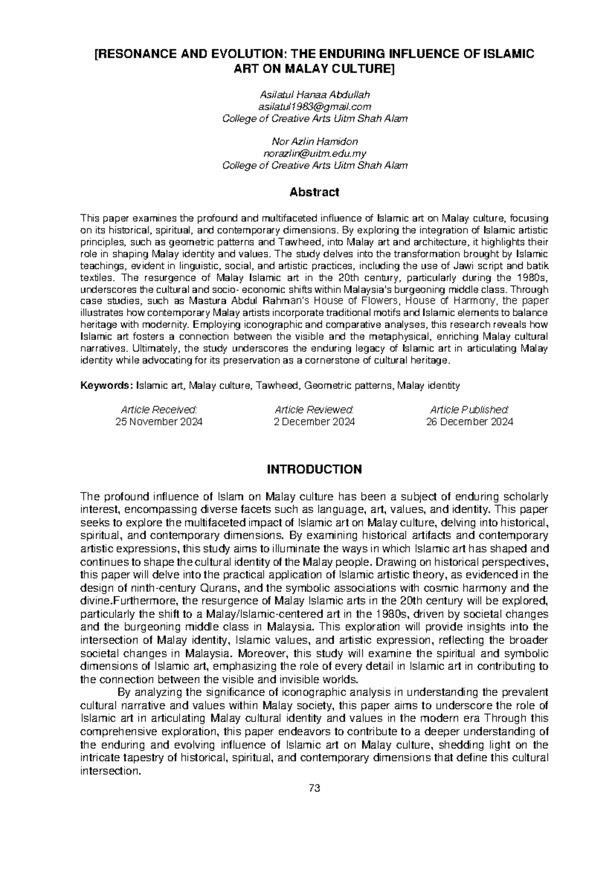 The Enduring Influence of Islamic Art on Malay Culture: A Study (PB2 ...