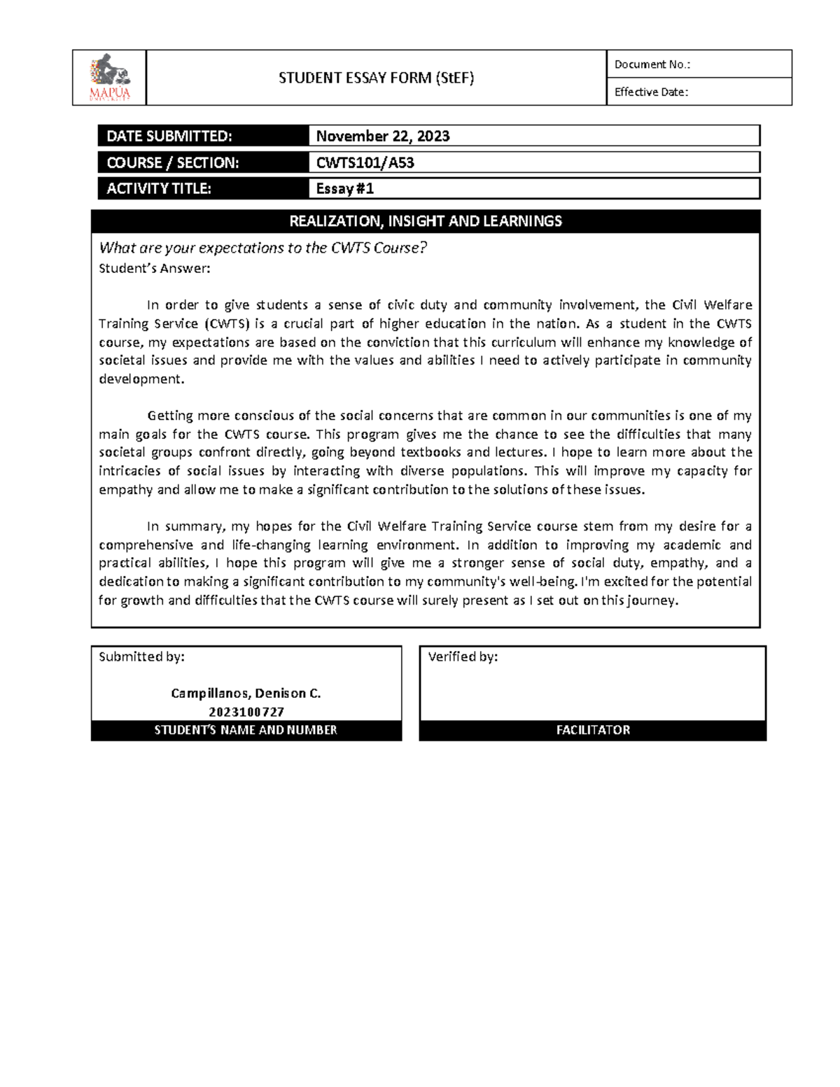 Campillanos A53-E1 - hmm - STUDENT ESSAY FORM (StEF) Document No ...