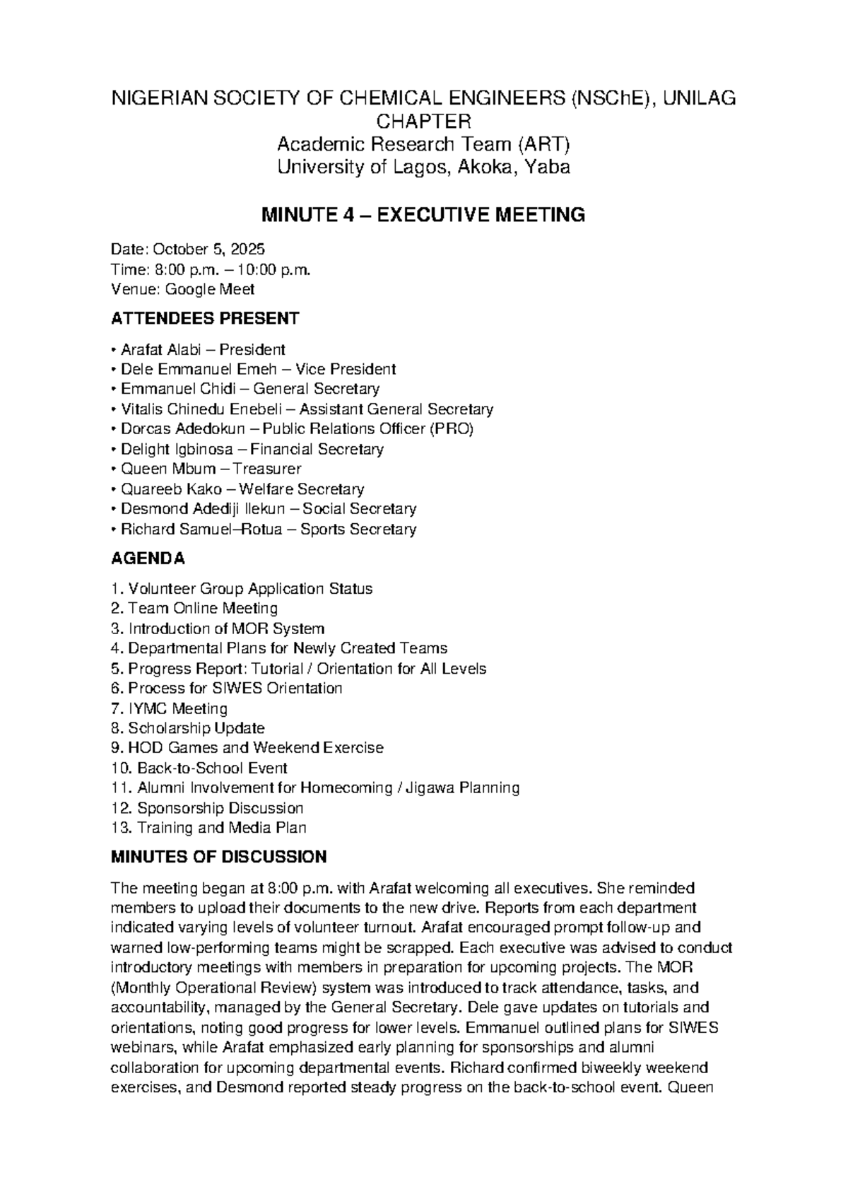 NSChE UNILAG Chapter Minute 4 Executive Meeting - Oct 5, 2025 - Studocu