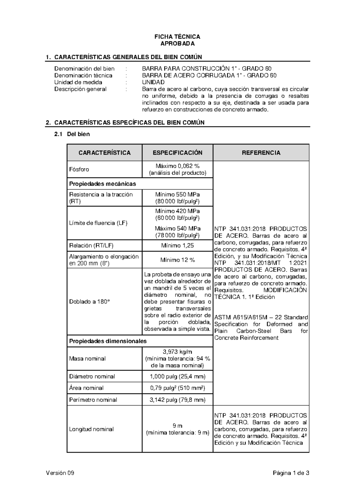 FICHA TÉCNICA APROBADA: BARRA DE ACERO GRADO 60 para Construcción - Document Preview