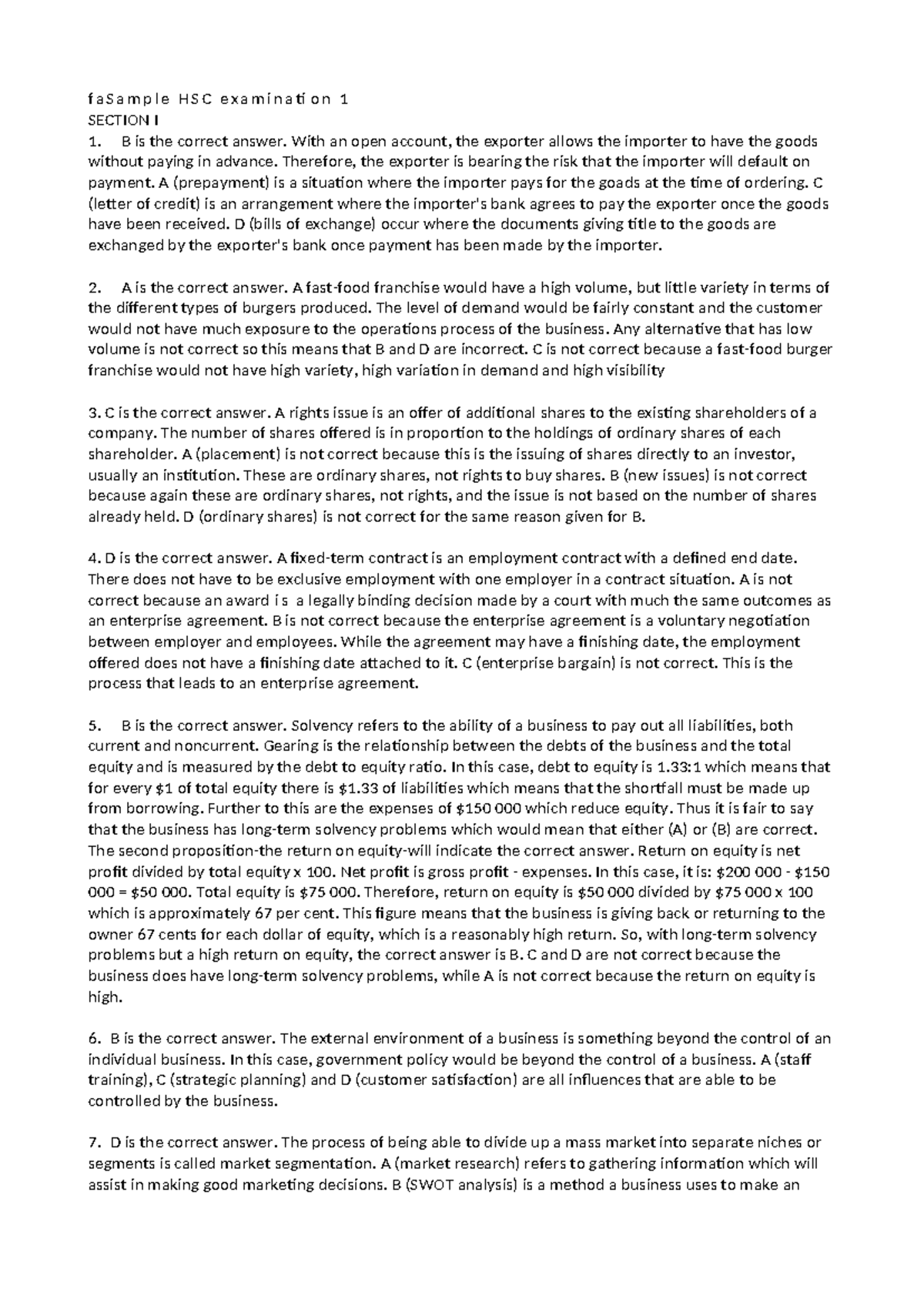HSC Exam 1 Sample Answers: Business Concepts and Analysis - Studocu