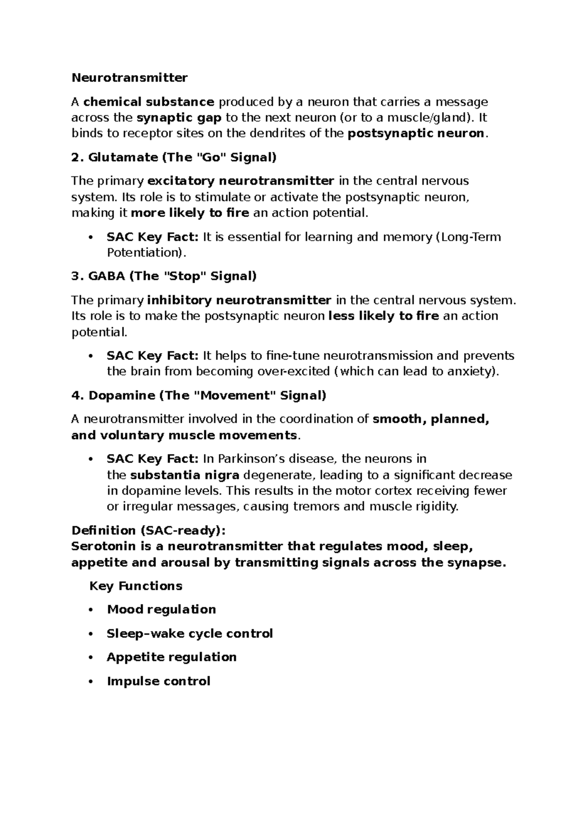 PSY101 Lecture Notes: Neurotransmitters and Their Functions - Studocu