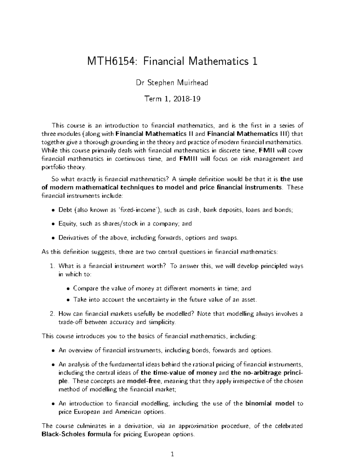 MTH6154: Financial Mathematics I - Comprehensive Study Notes - Studocu
