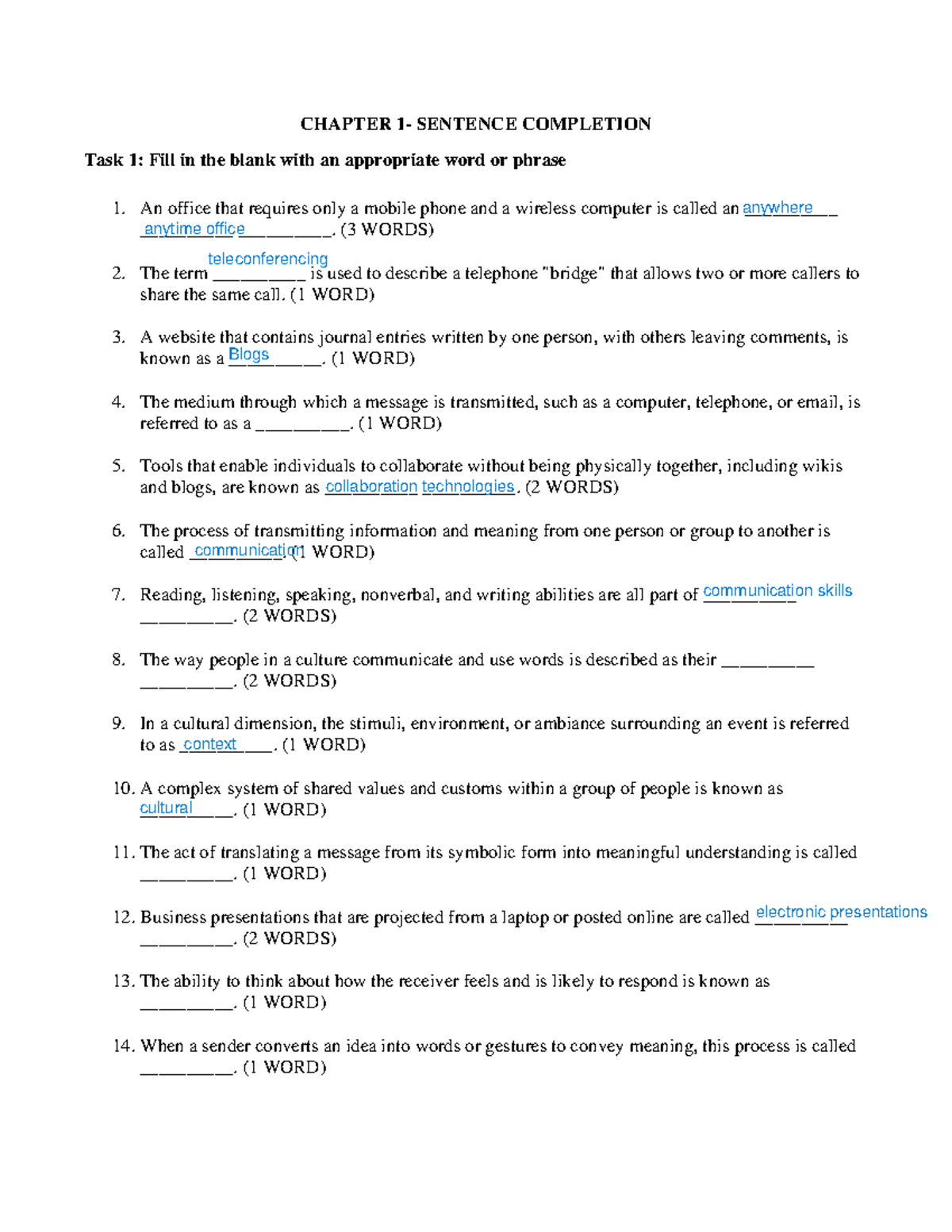 CHAPTER 1: Sentence Completion Practice for Communication Skills - Studocu