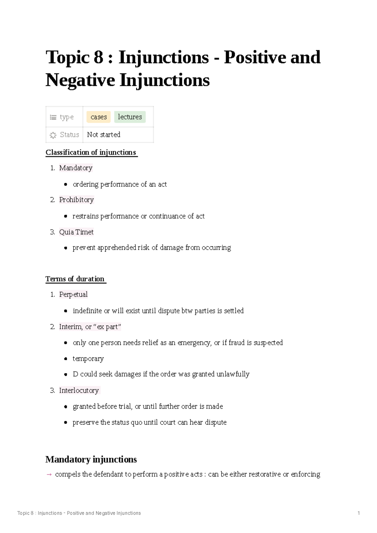 Topic 8: Mandatory Injunctions - Positive & Negative Types - Studocu