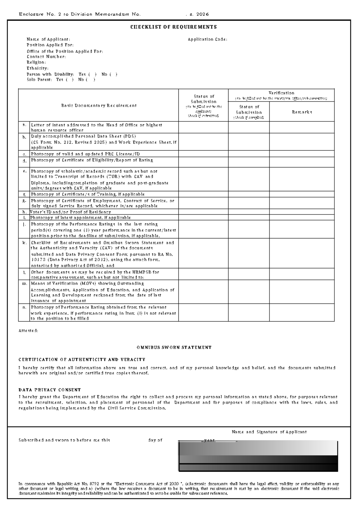 Checklist of Requirements for Application - Enclosure No. 2 to Div Memo ...