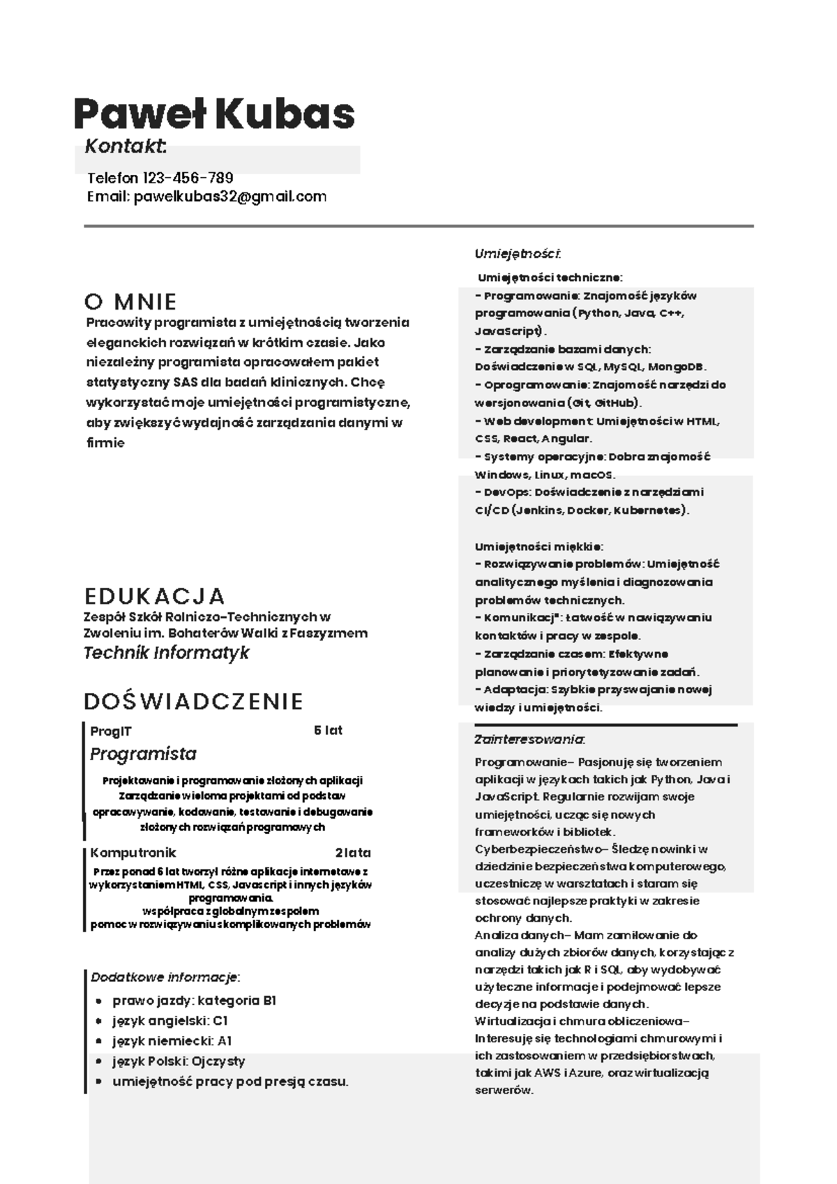 Nowoczesne Biznesowe CV - Pawła Kubasa (Technik Informatyk) - Studocu