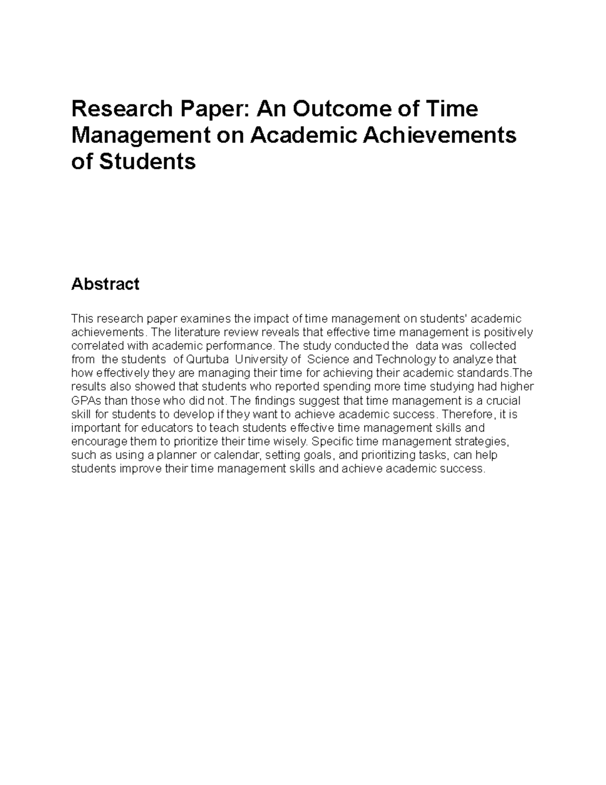 Research Paper: The Role of Time Management on Students' Success - Studocu