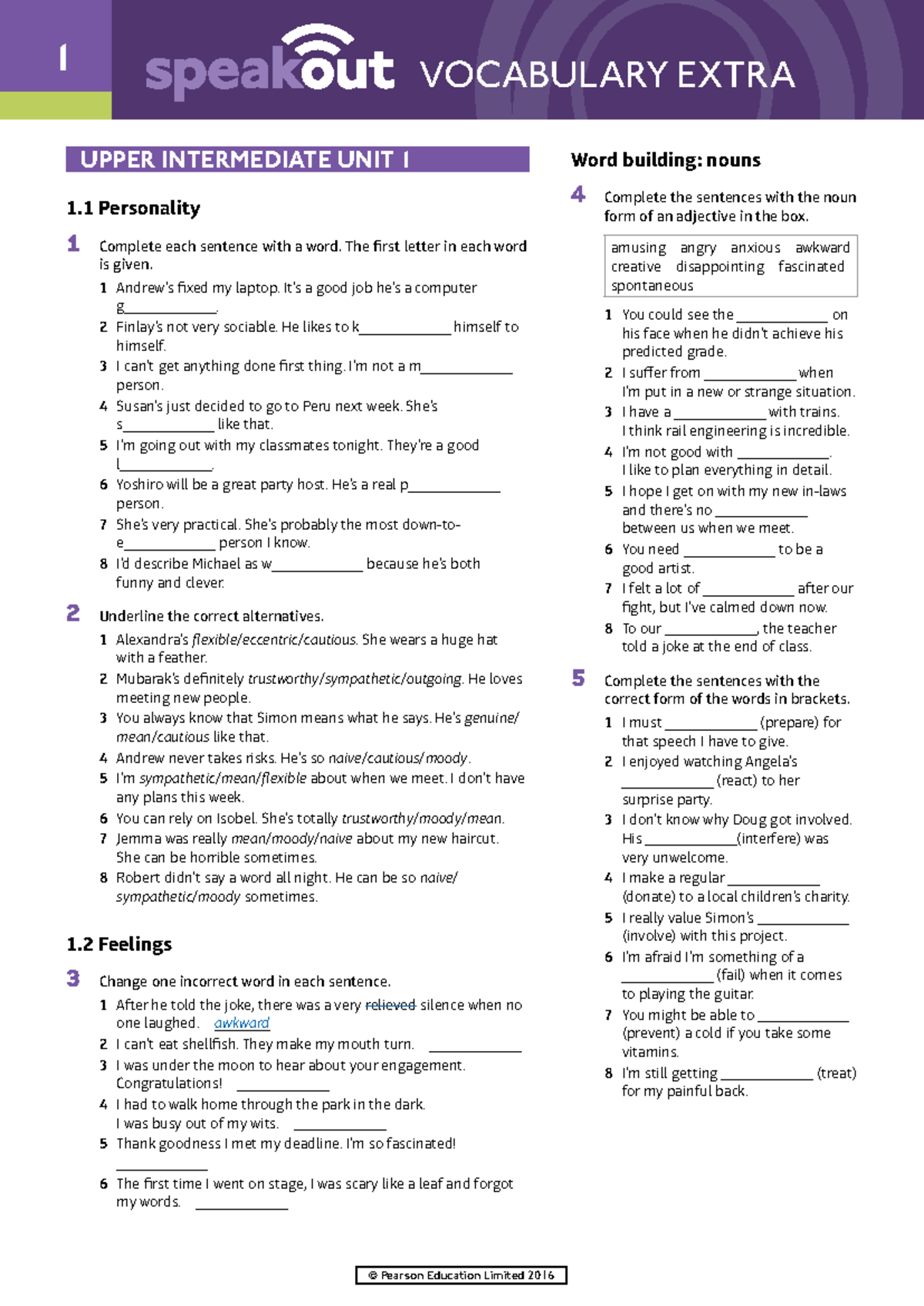 Speakout Vocabulary Extra Upper Intermediate Unit 1 - 1 © Pearson ...