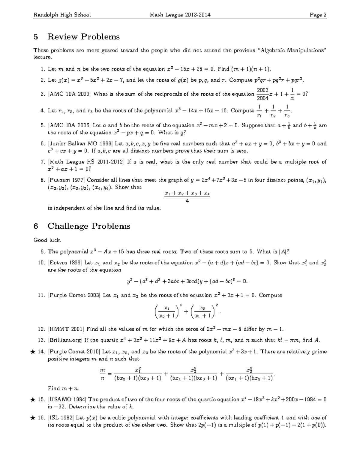 Randolph High School Math League Review Problems - Vietas Formulas ...