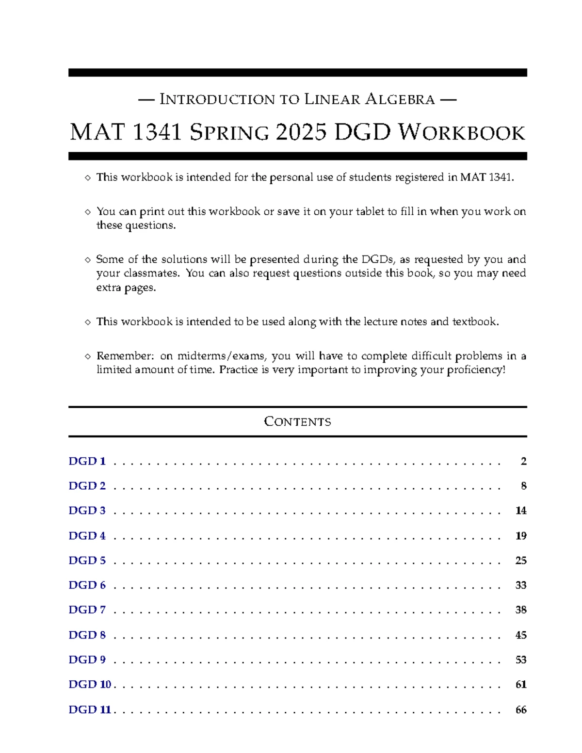 MAT 1341 Spring 2025 DGD Workbook for Linear Algebra - Studocu