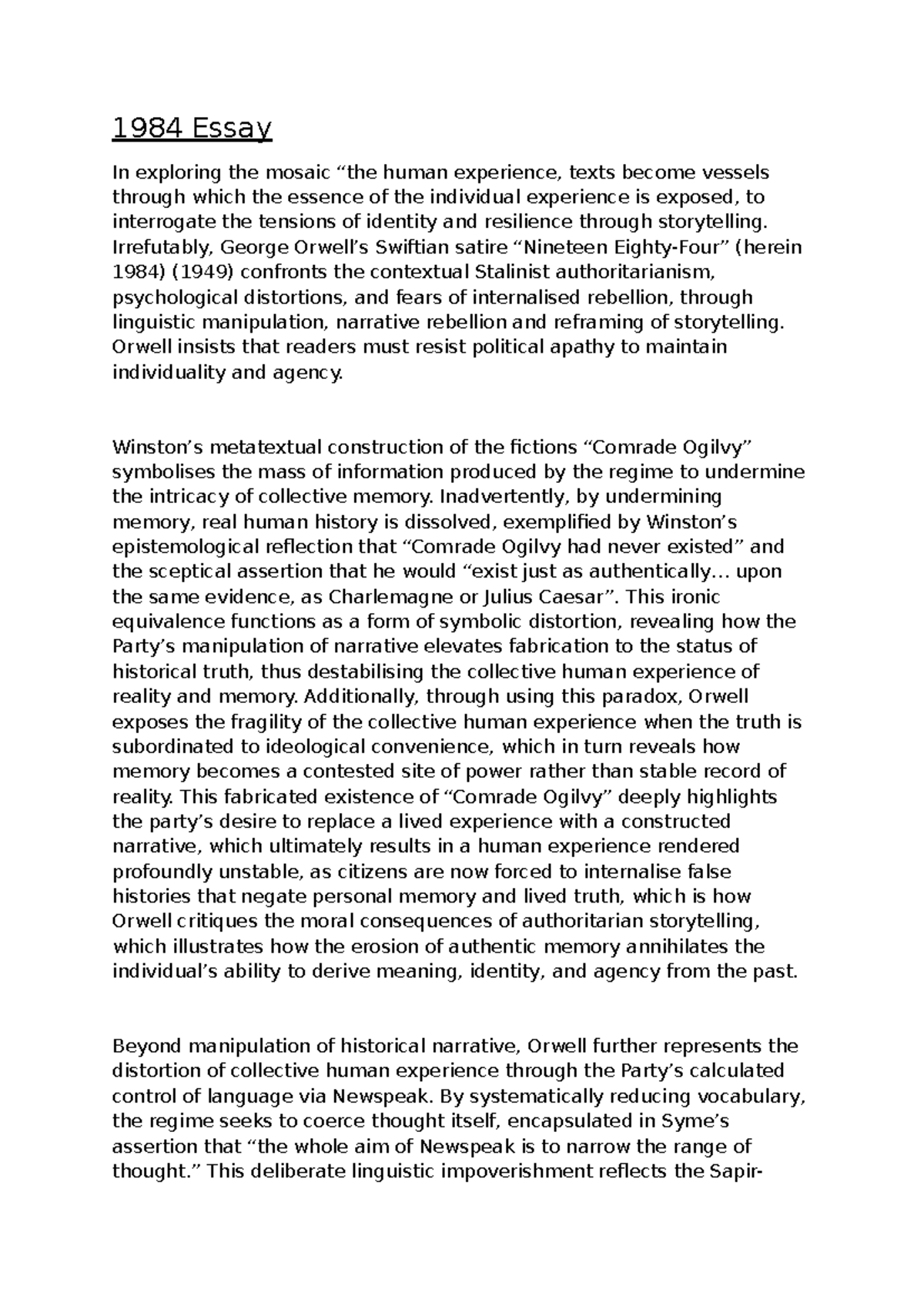 1984 Essay: Exploring Identity and Resilience in Orwell's Dystopia ...