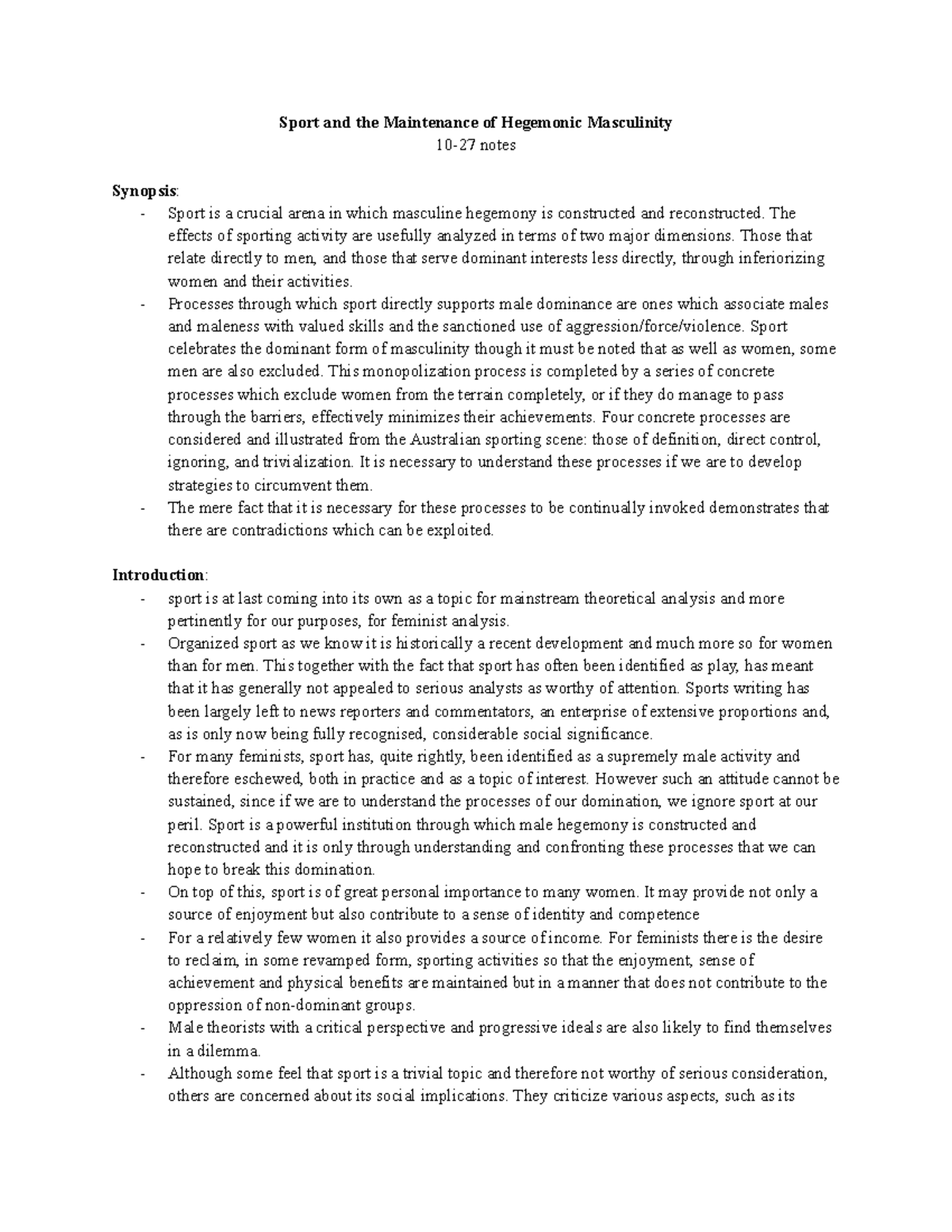 Sport and Hegemonic Masculinity: Notes on Gender Dynamics - Studocu