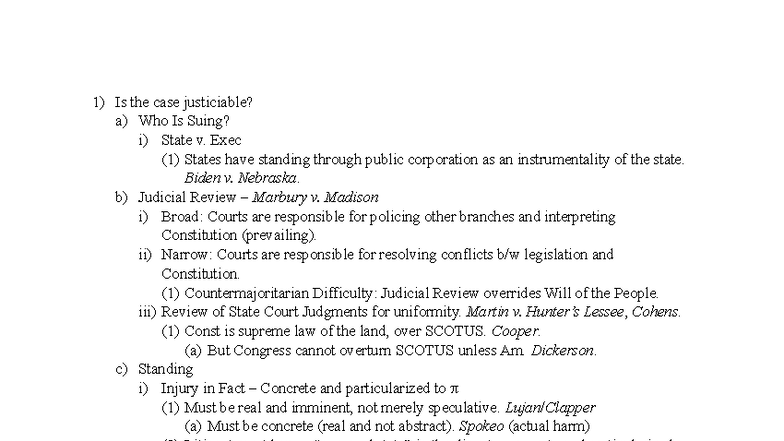 2023 Law Exam Outline: Justiciability, Standing, and Judicial Review ...