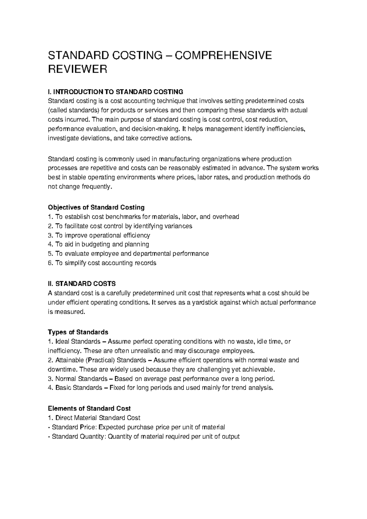 Standard Costing Comprehensive Review: Key Concepts & Analysis - Studocu