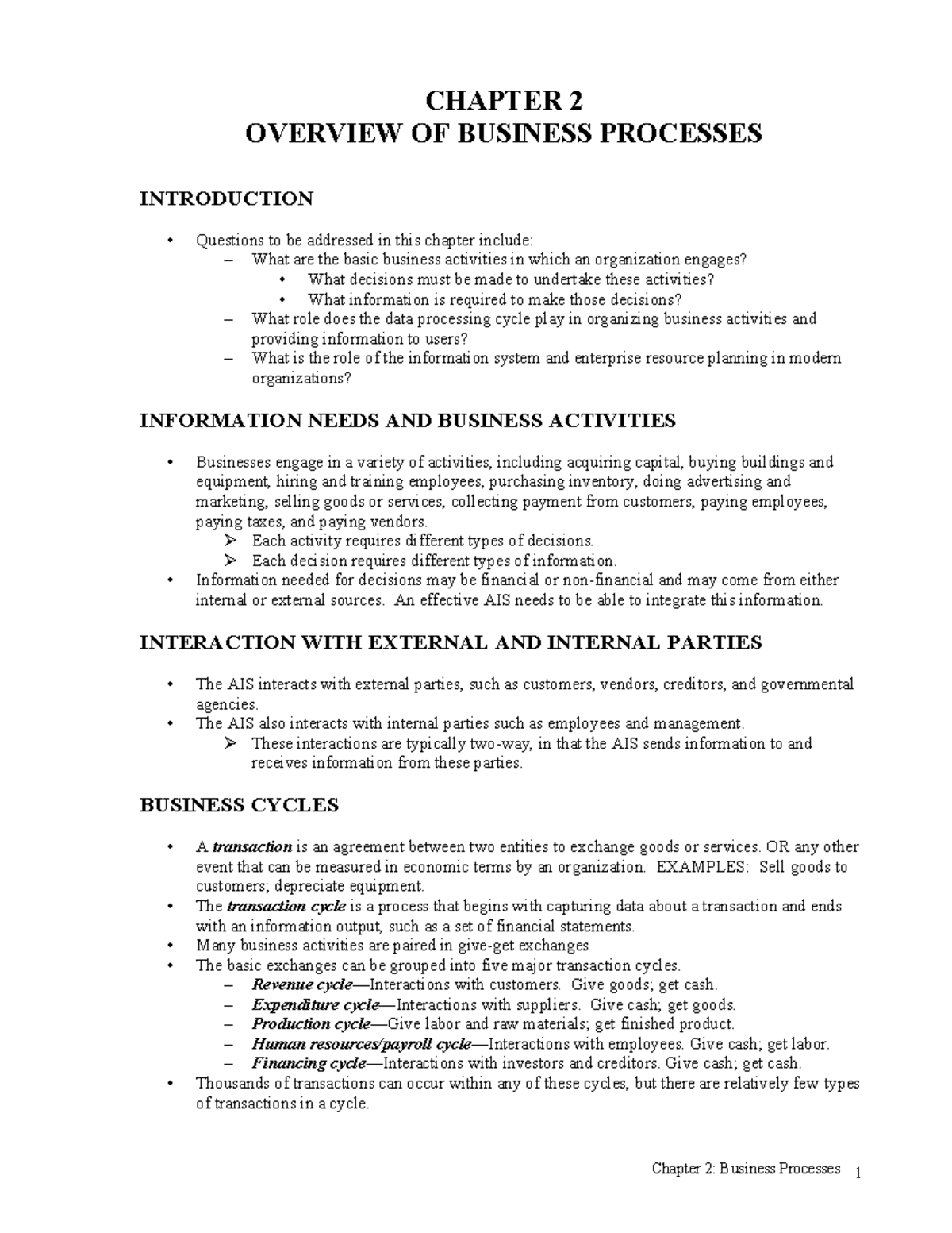 Acinsy - Chapter 2 Business Processes Overview Notes - Studocu