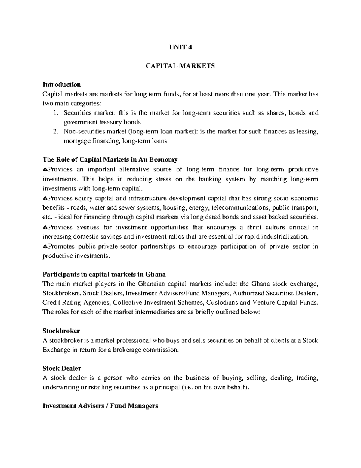 UNIT 4 Capital Markets - Investment Notes Overview - Studocu