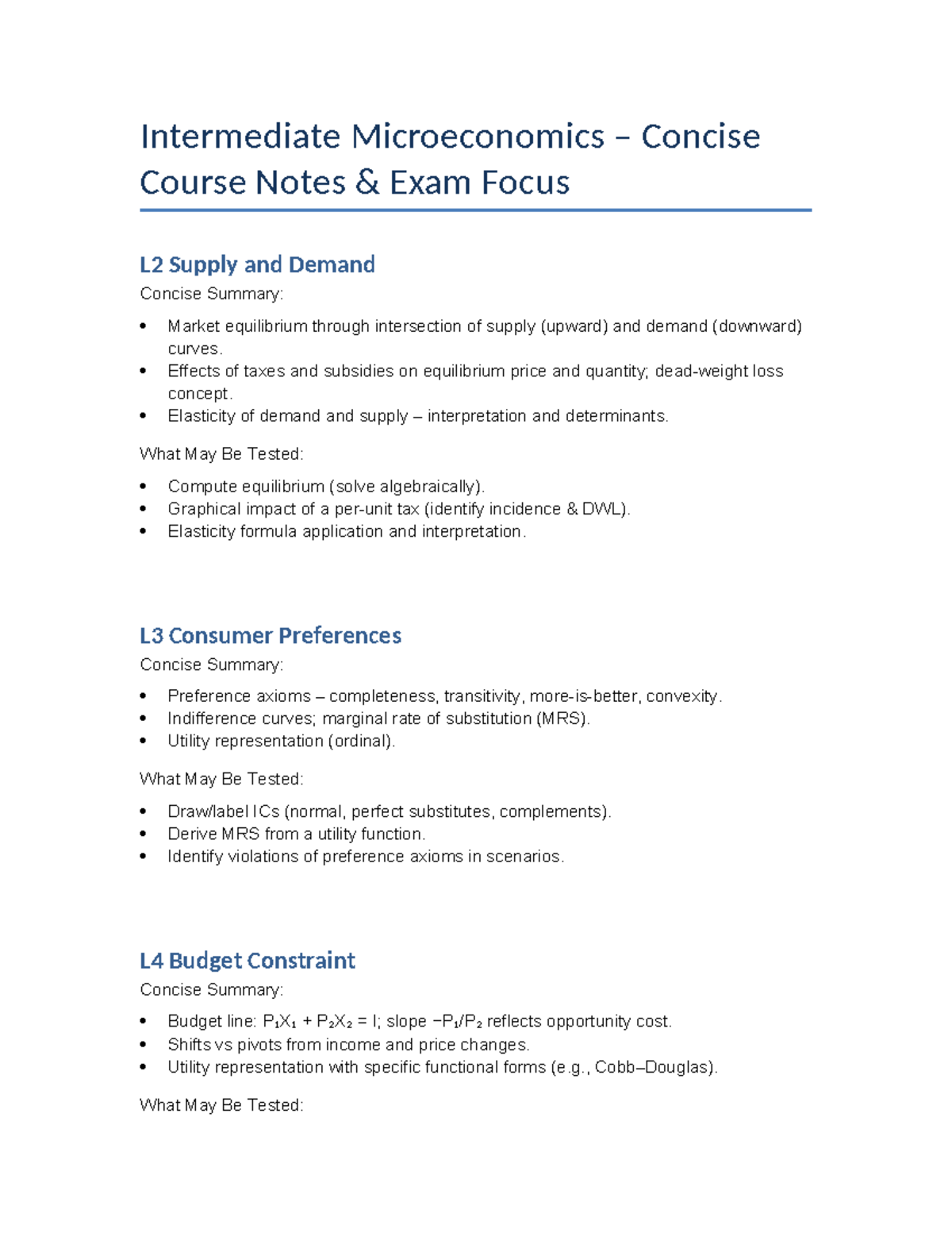 Intermediate Microeconomics L2-L20 Exam Focus Summary Notes - Studocu