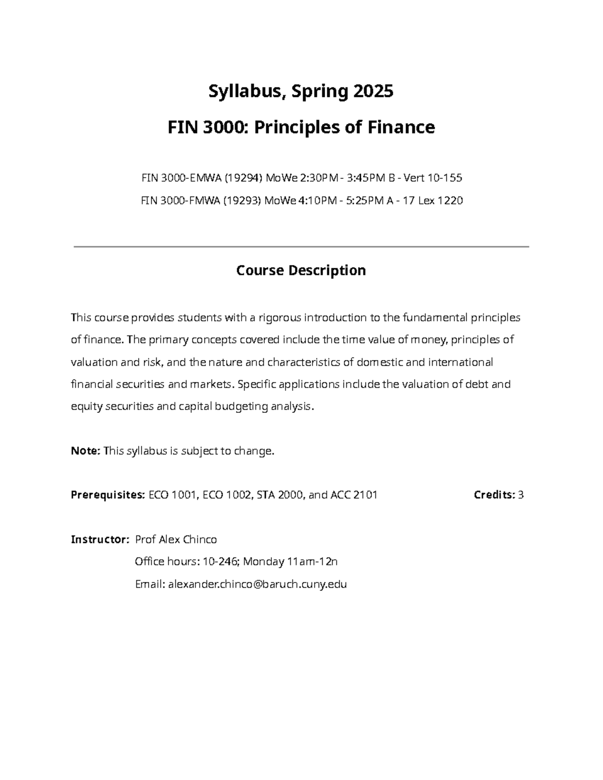 FIN 3000 Spring 2025 Syllabus: Principles of Finance Overview - Studocu