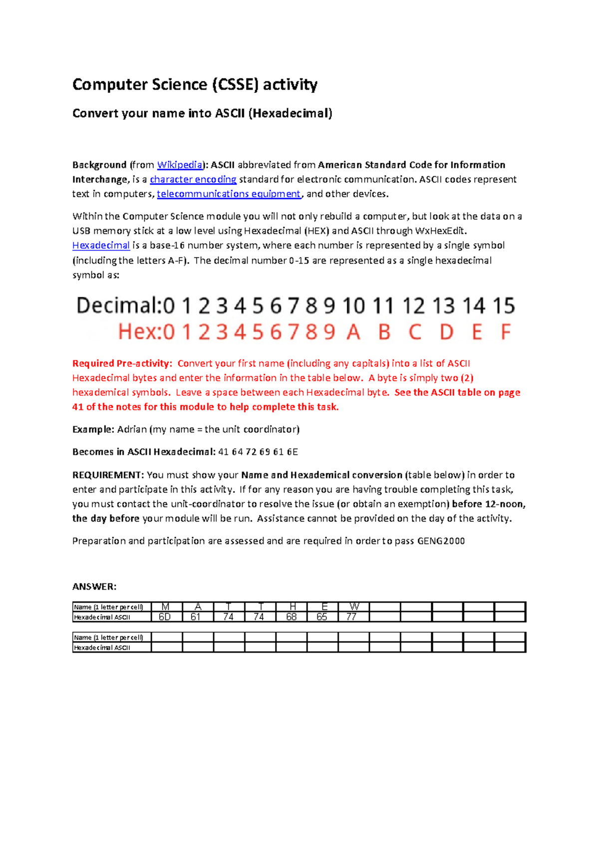 CSSE Pre-Activity: Convert Your Name to ASCII Hexadecimal - Studocu