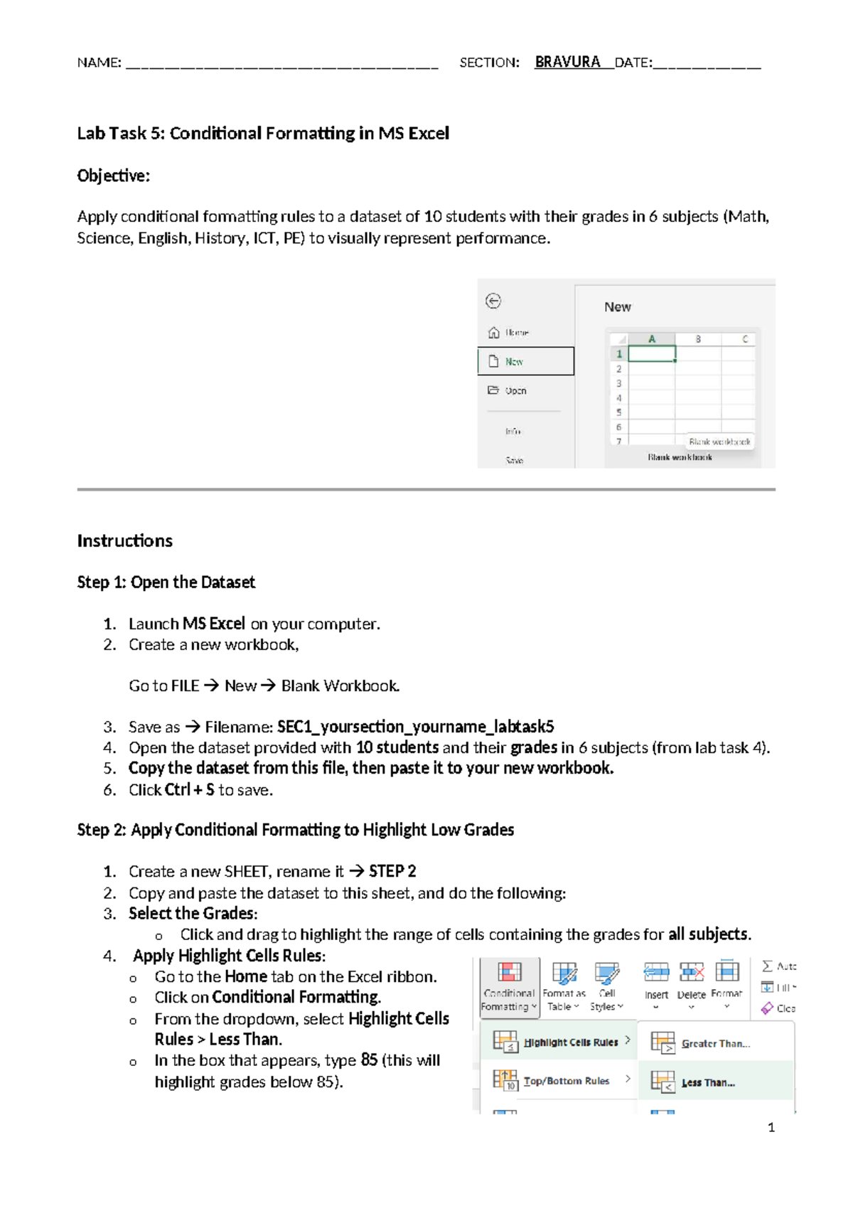 Lab Task 5: Conditional Formatting in MS Excel - Bravura - Studocu