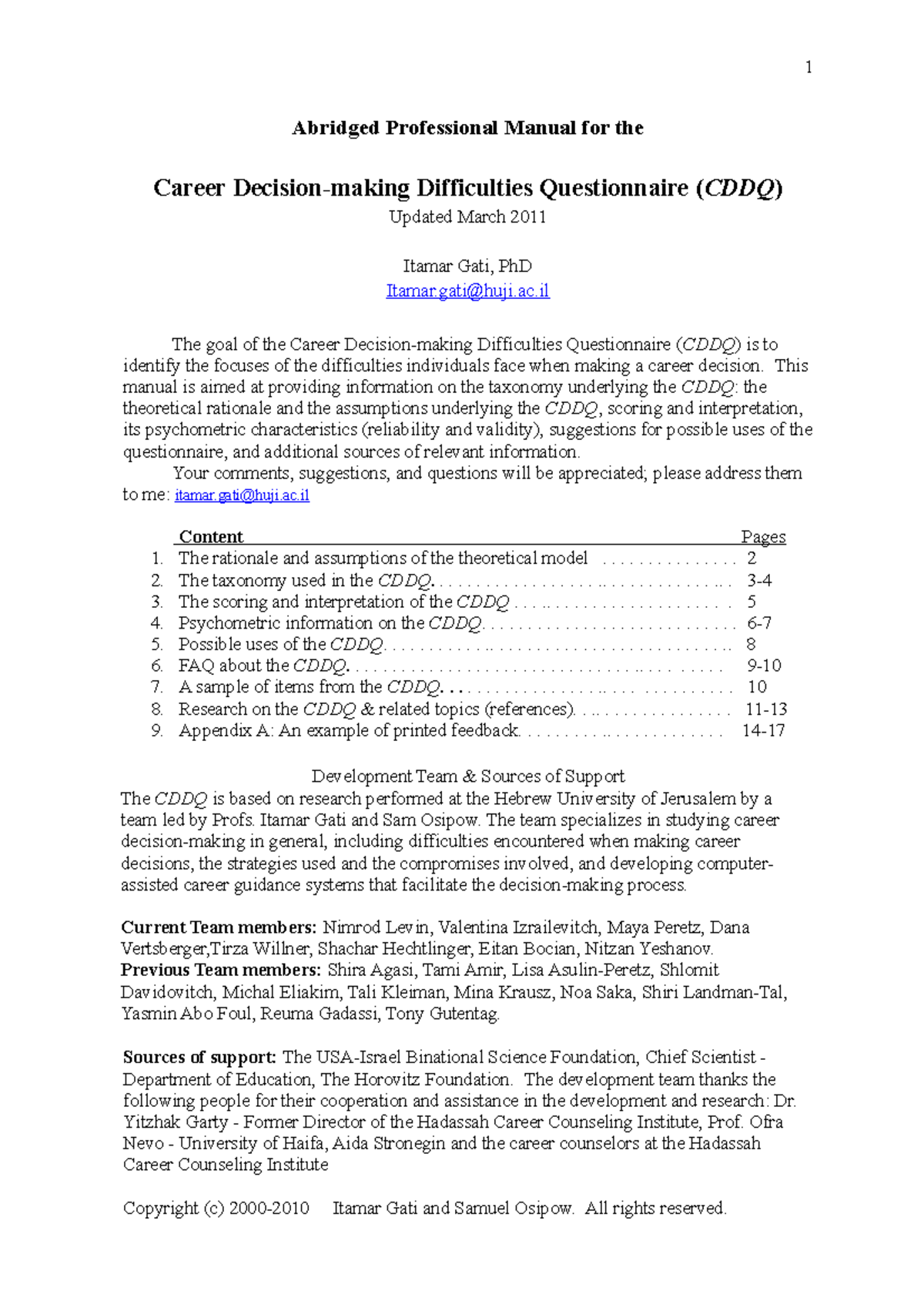 CDDQ34KEY Career Decision-Making Difficulties Questionnaire Manual ...