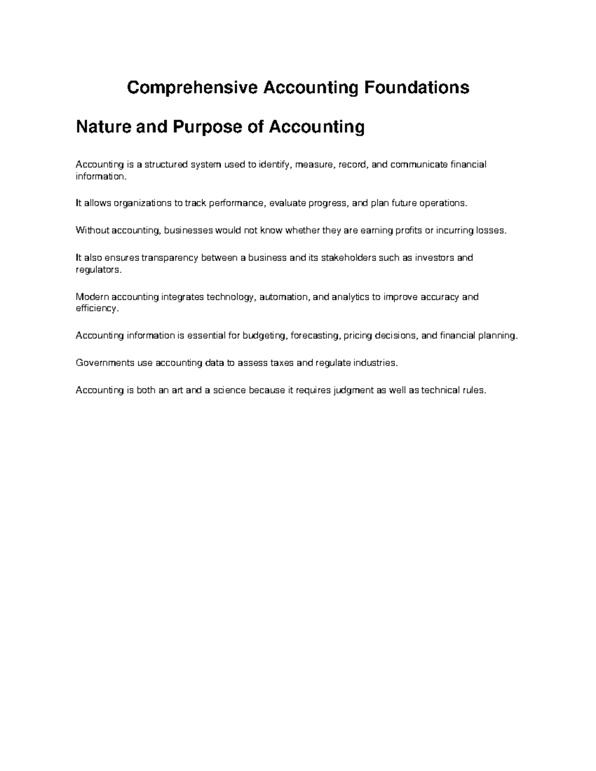 Comprehensive Accounting Foundations: Nature, Purpose & Standards - Studocu