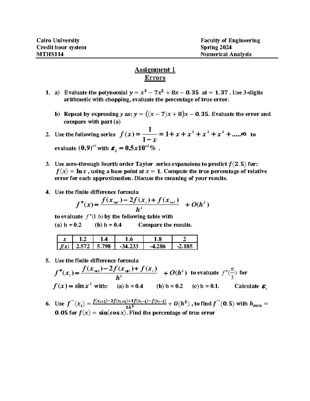 MTHS114 Spring 2024 Numerical Analysis Assignment 1: Error Evaluation ...