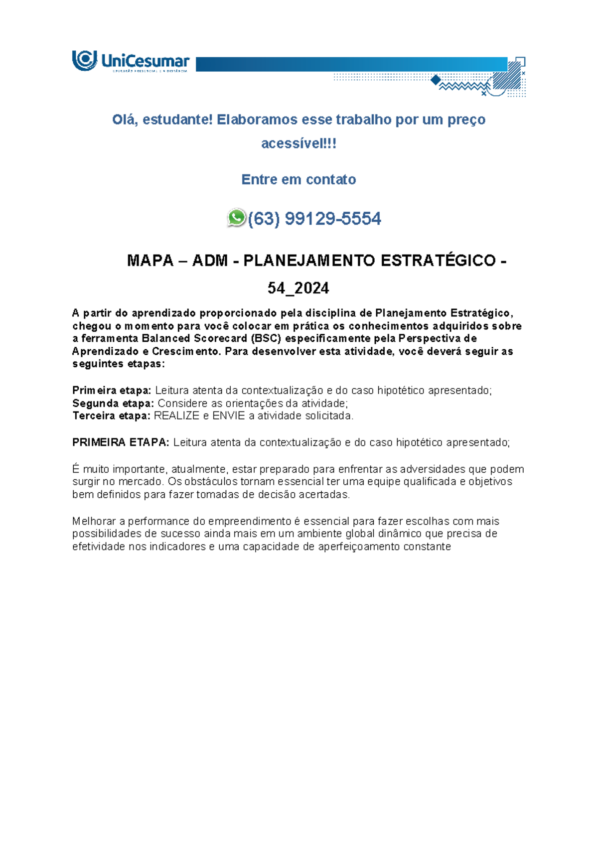Planejamento Estratégico: Etapas de Implementação do BSC - ADM 54 - Studocu