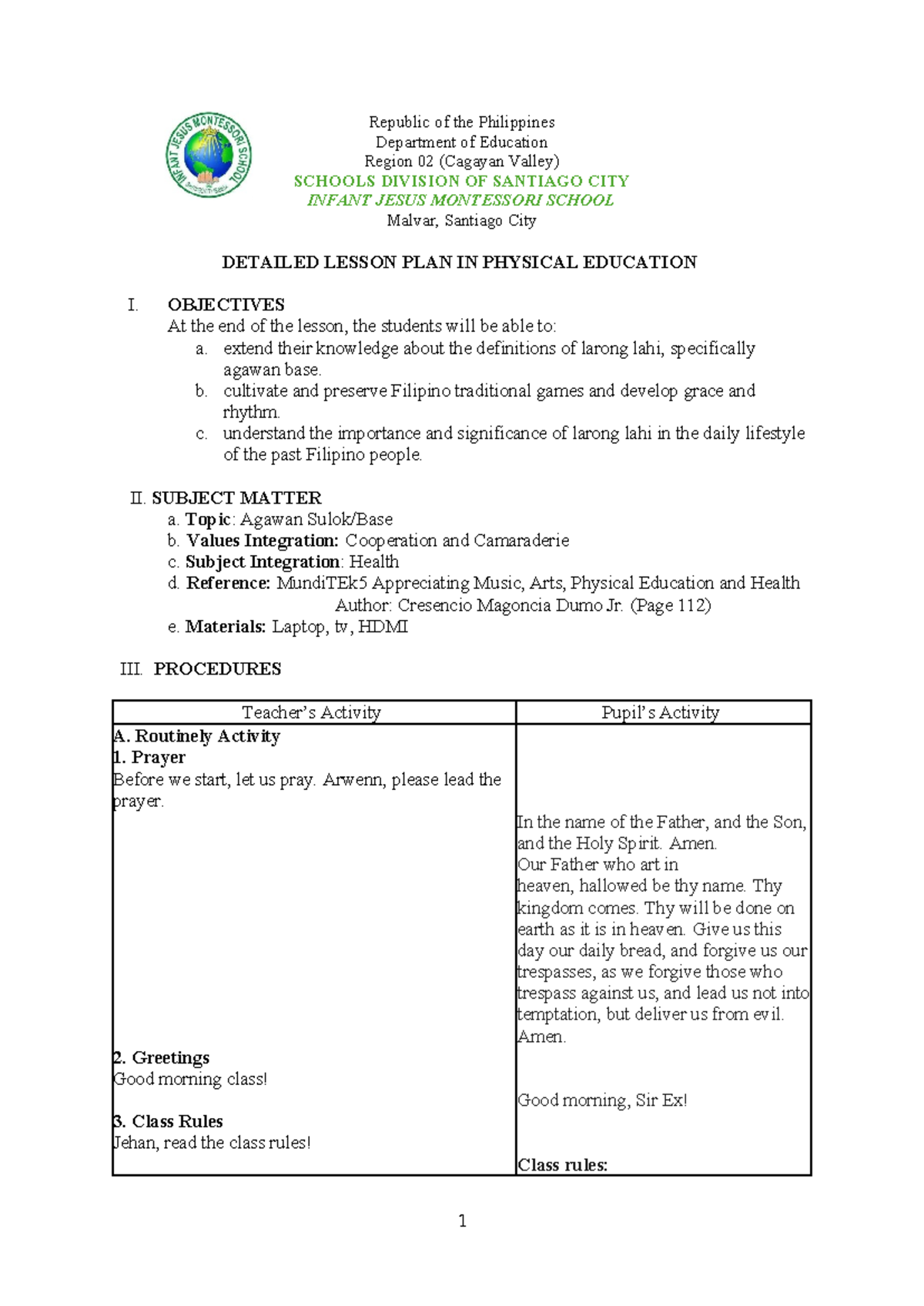 Detailed Lesson Plan in PE: Agawan Sulok/Game Activities - Studocu