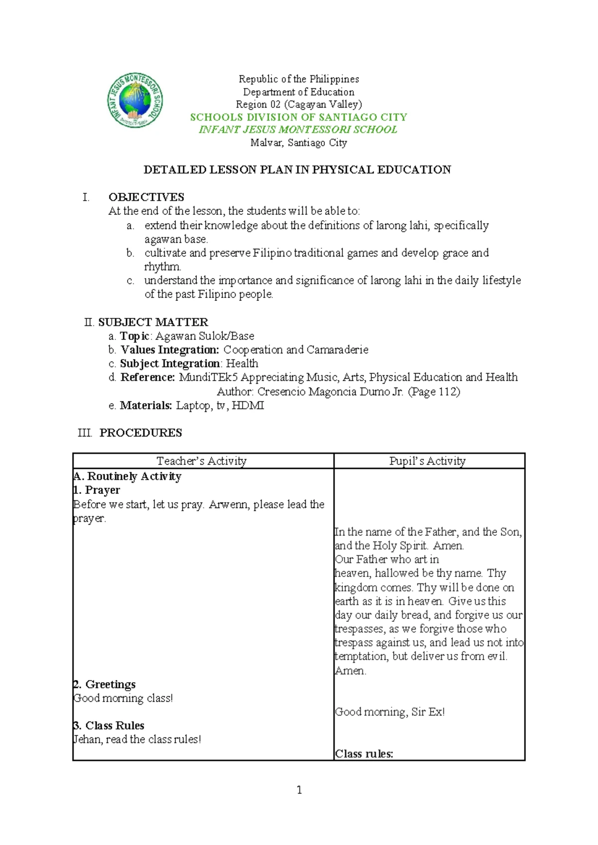 Detailed Lesson Plan in PE (Patintero) for Physical Education Class ...