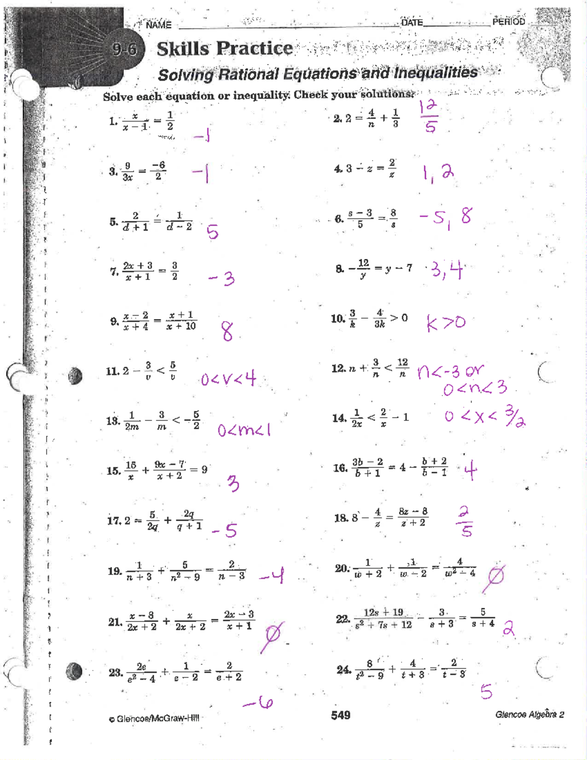 Solving rational equations and inequalities hw solutions - NAME DATE ...