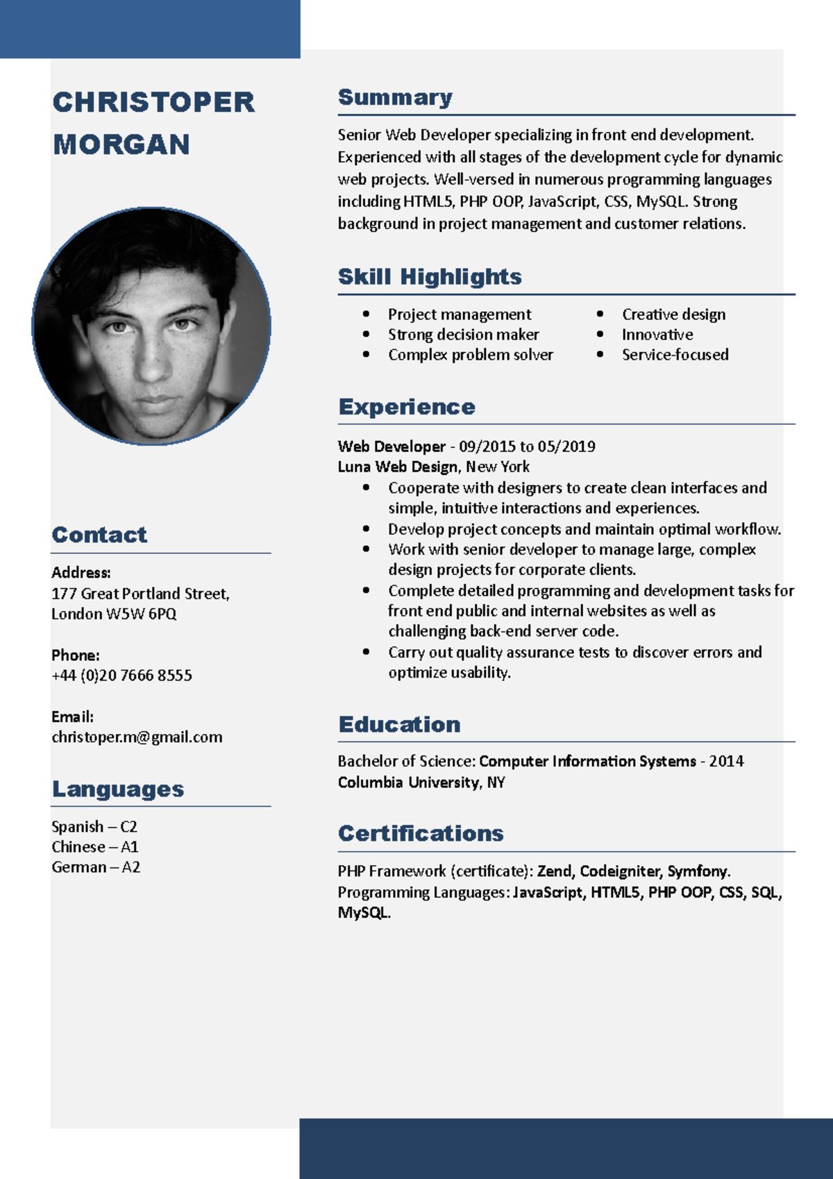 Curriculum Vitae (CV) of Christopher Morgan - Web Developer - Studocu