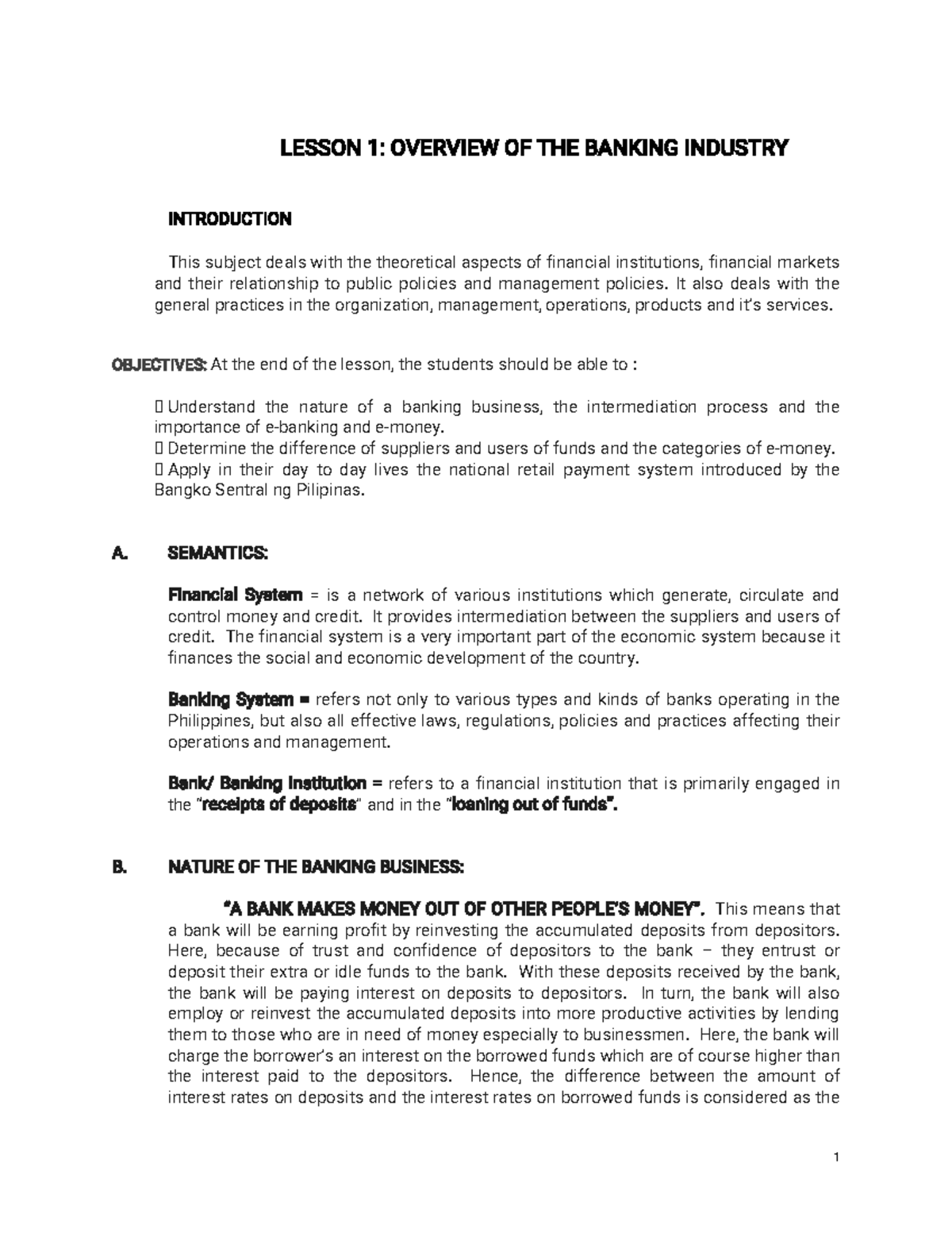 FIN101: Lesson 1 - Overview of the Banking Industry - Studocu