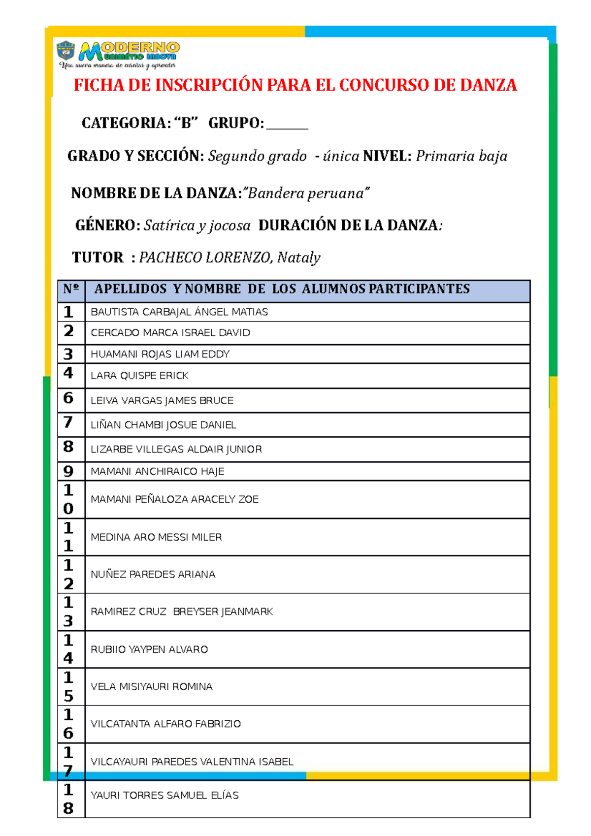 Ficha de Inscripción para el Concurso de Danza "Bandera Peruana" - Studocu
