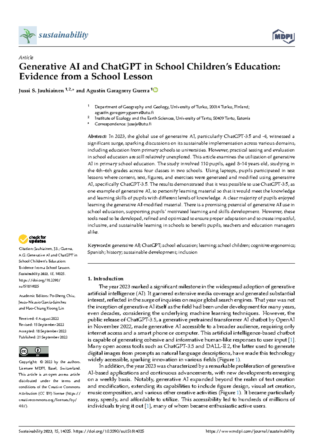 Generative AI in Education: A Sustainable Approach for Schoolchildren ...