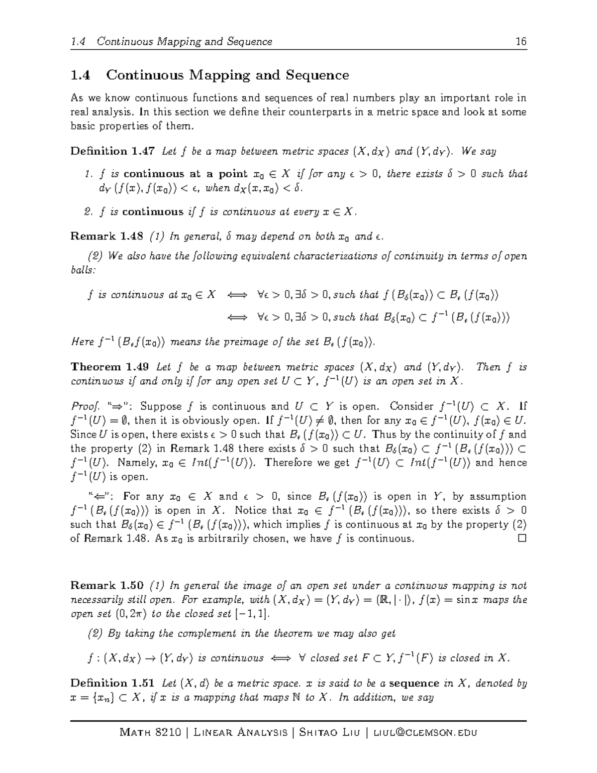 Section 1 - math8210 lecture notes - 1 Continuous Mapping and Sequence ...