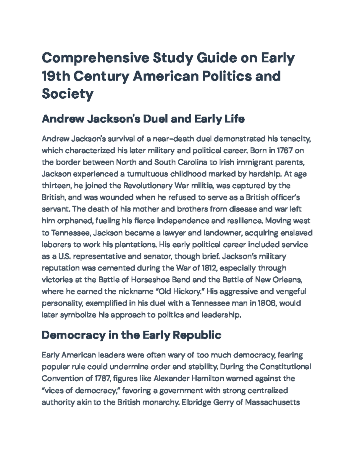 Comprehensive Study Guide on Andrew Jackson and Early 19th Century ...