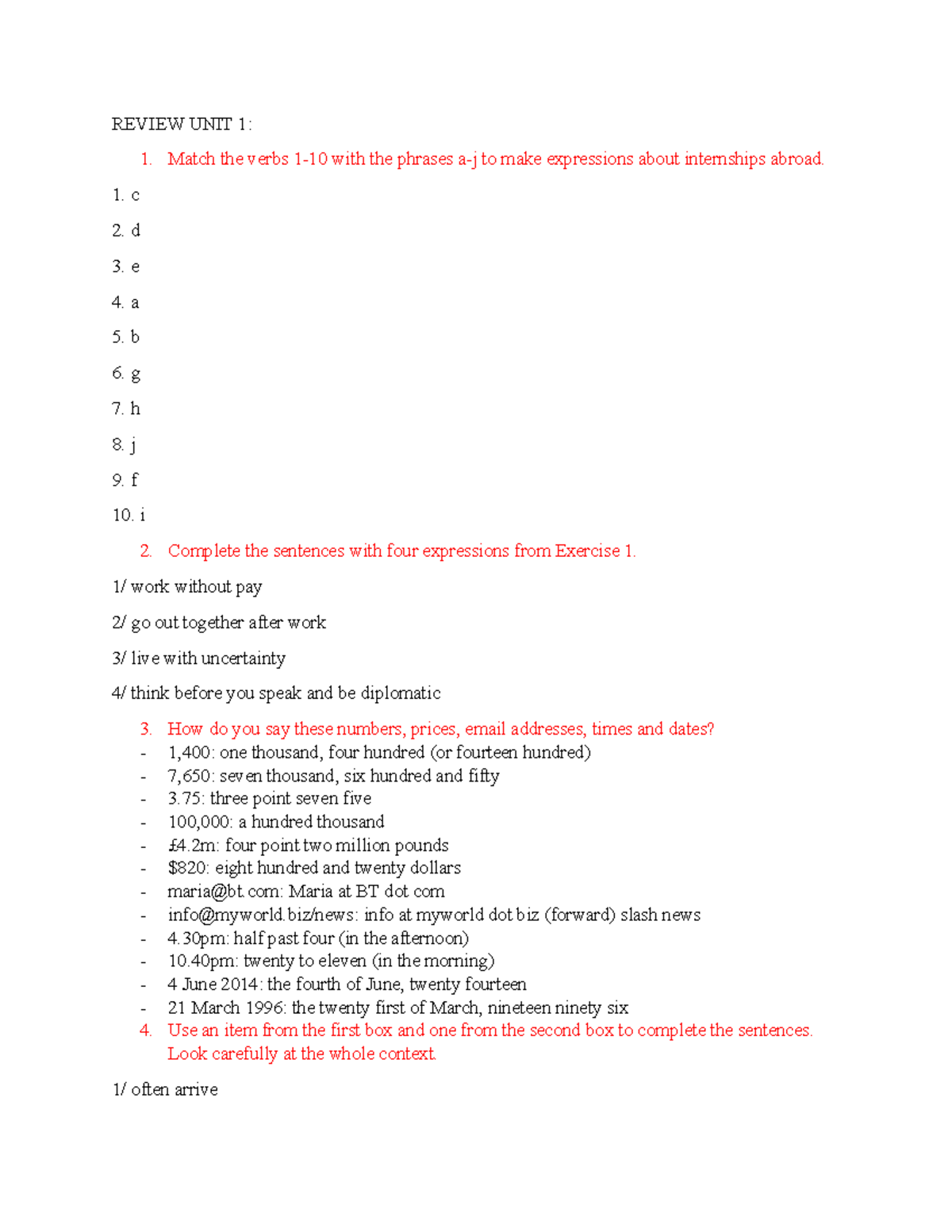 Unit 1 Review - Exam Practice Guide for Internships - Studocu