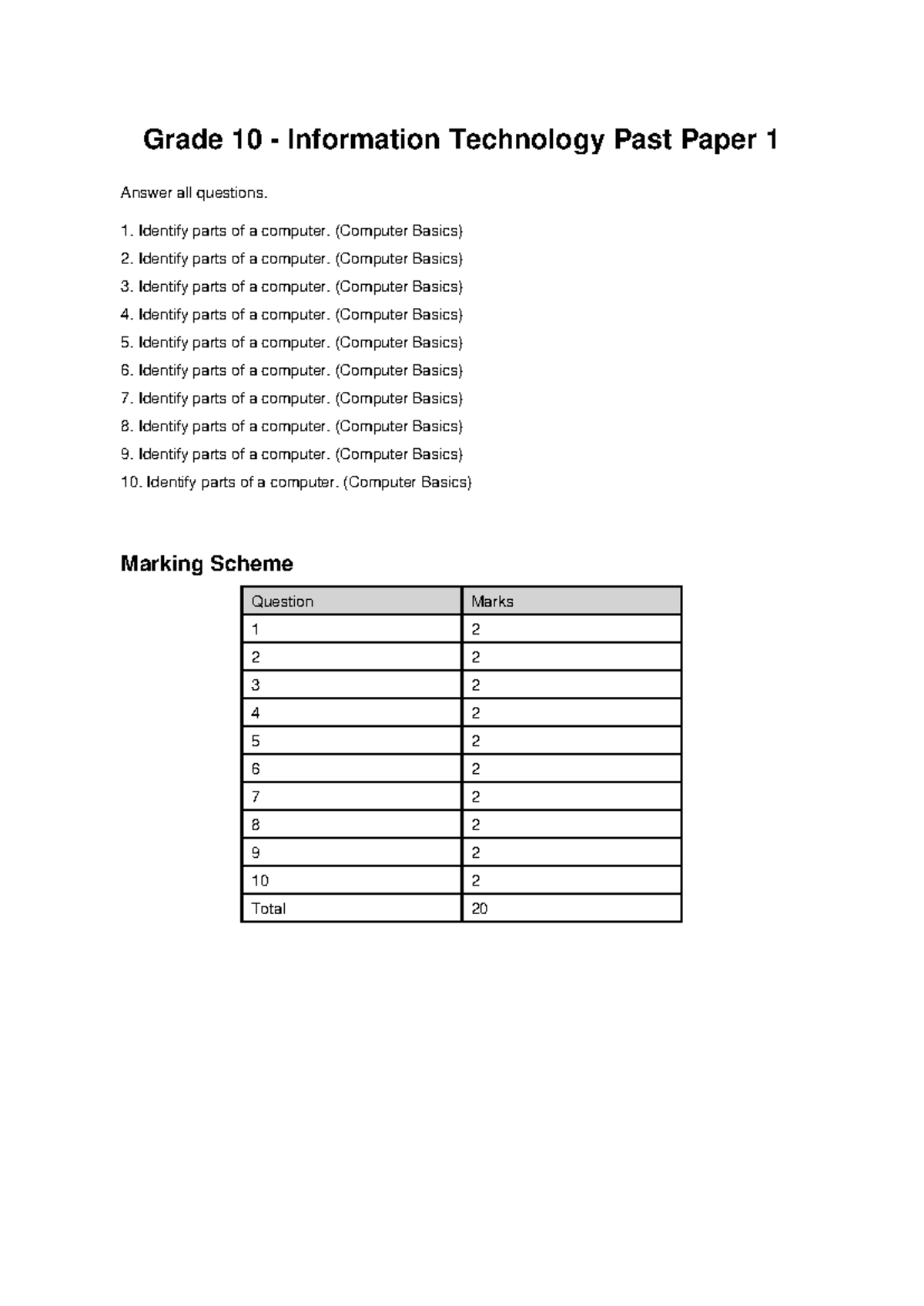 Grade 10 IT Past Papers: Computer Basics, Software, Apps & ICT - Studocu