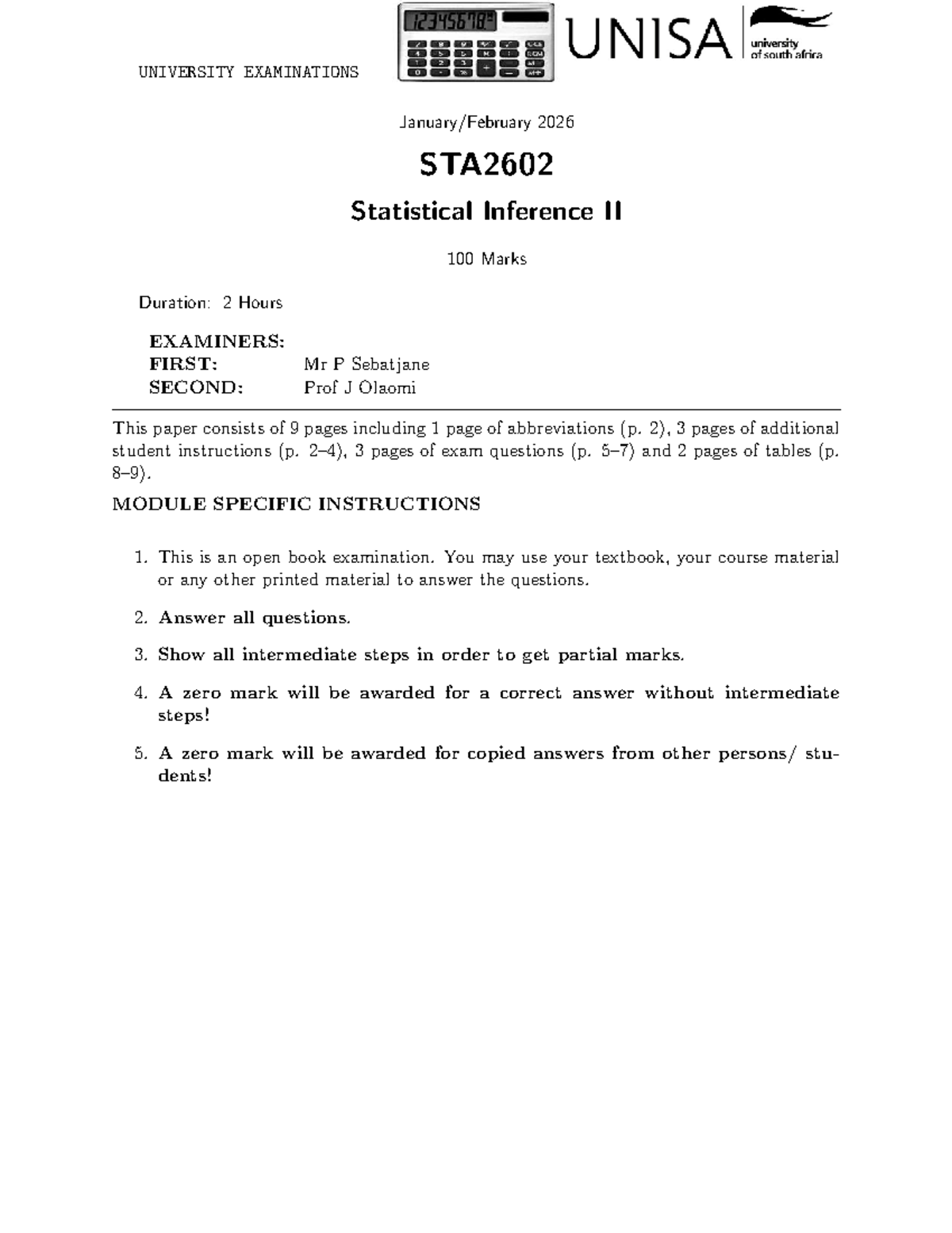 STA2602 Final Exam 2026: Statistical Inference II Guidelines - Studocu