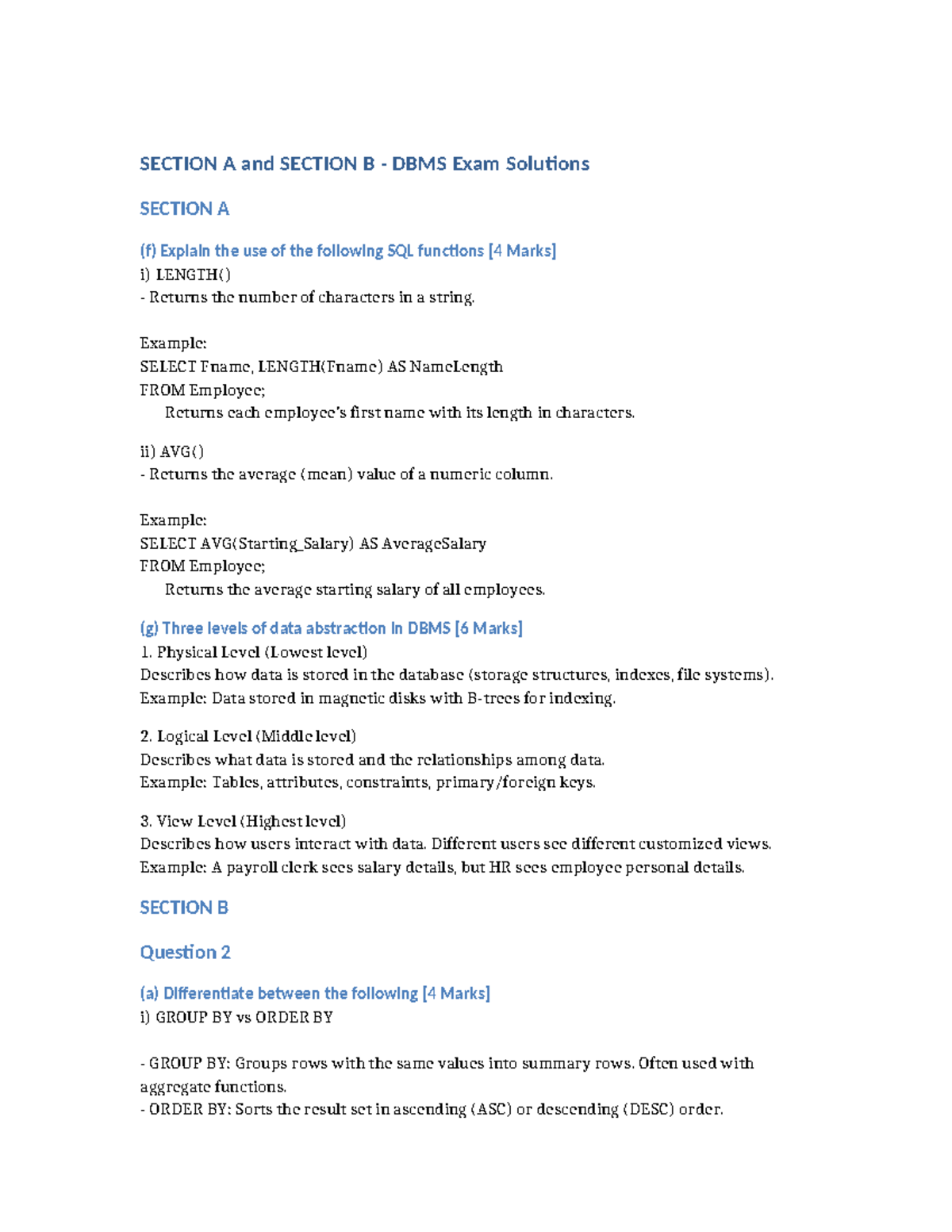 DBMS 101 Final Exam Solutions: Sections A & B Explained - Studocu