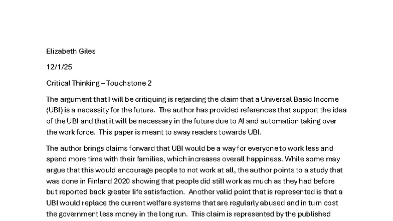 Critical Thinking Touchstone 2: UBI Argument Analysis and Critique ...